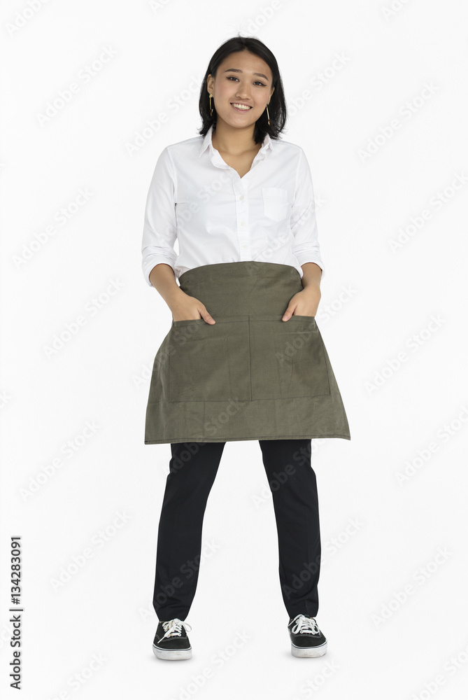 Young Asian Woman Casual Apron Smiling