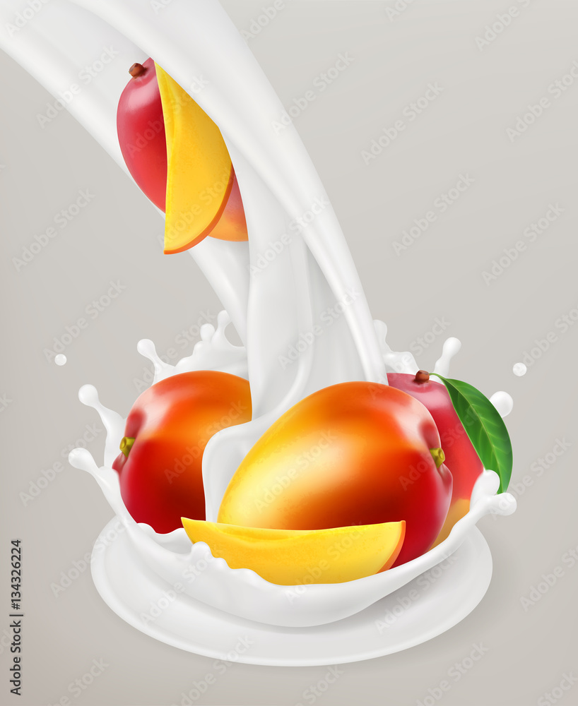 Milk splash and mango. 3d vector object. Natural dairy products