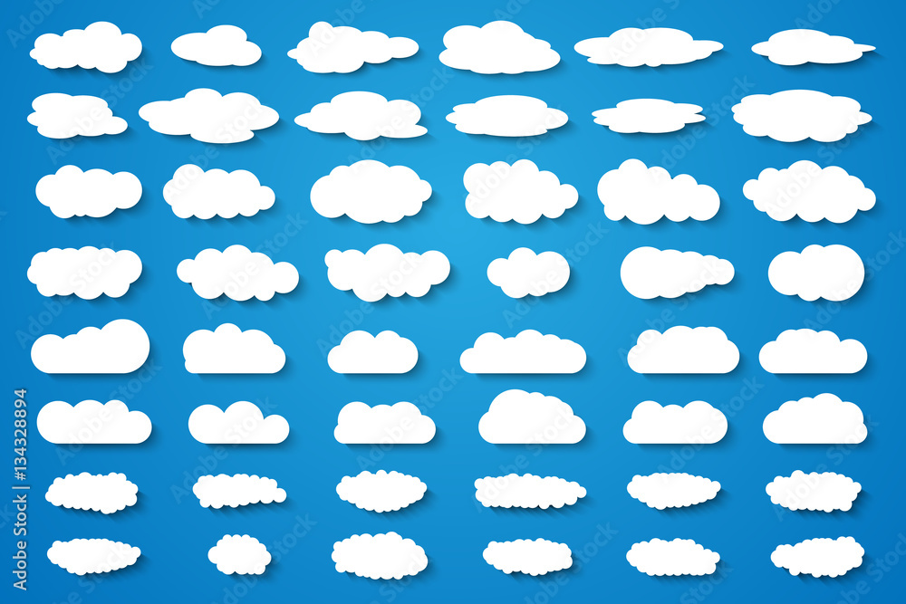 Clouds vector big set. White icons on blue background.