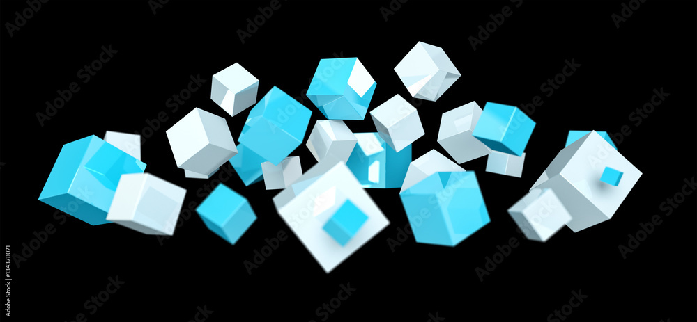 Floating blue and white shiny cube 3D rendering