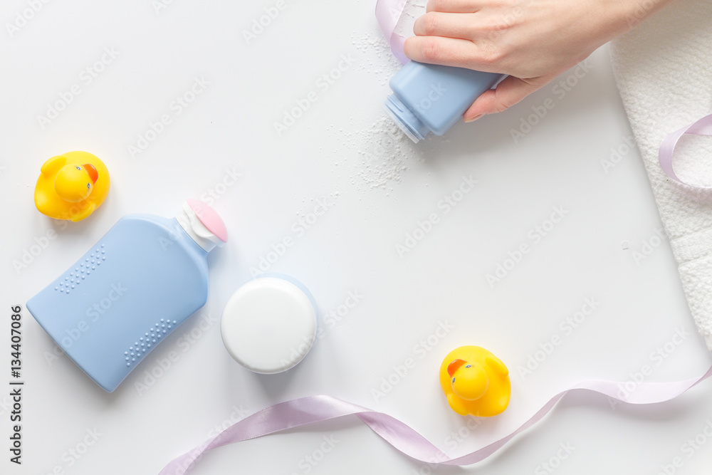 baby accessories for bath with duck on white background