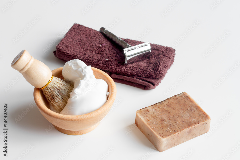 white desktop with tools for shaving beards