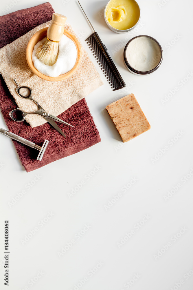 Mens hairdressing desktop with tools for shaving top view