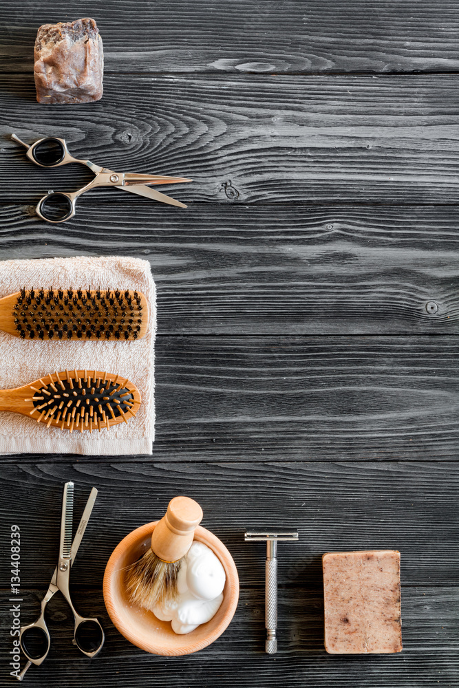 Tools for cutting beard barbershop top view on wooden background