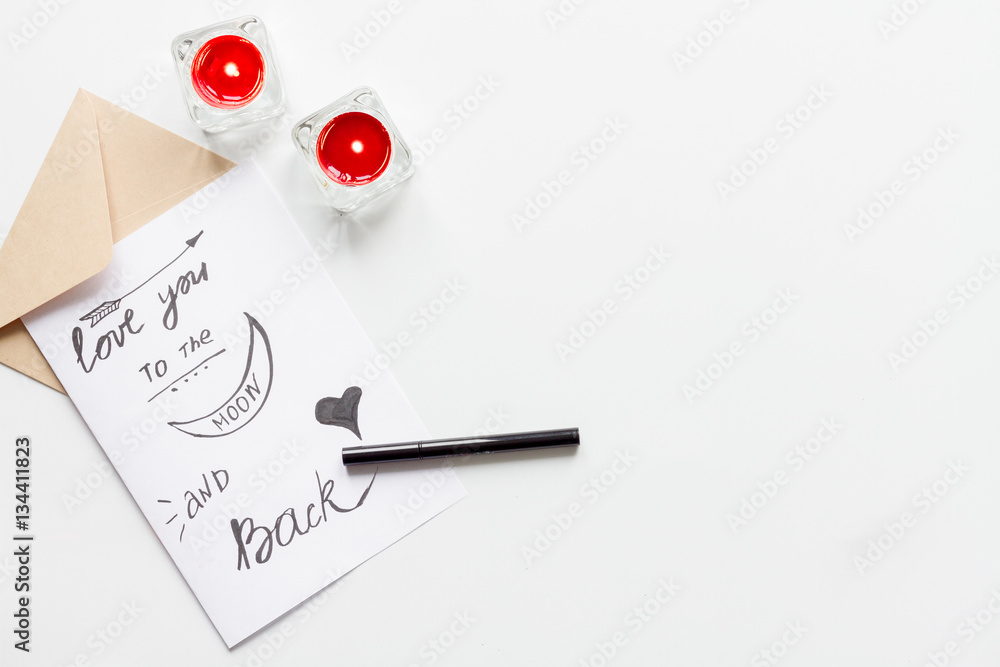 concept of Valentine Day love letter white background top view