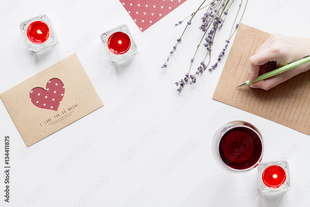 concept of Valentine Day love letter white background top view