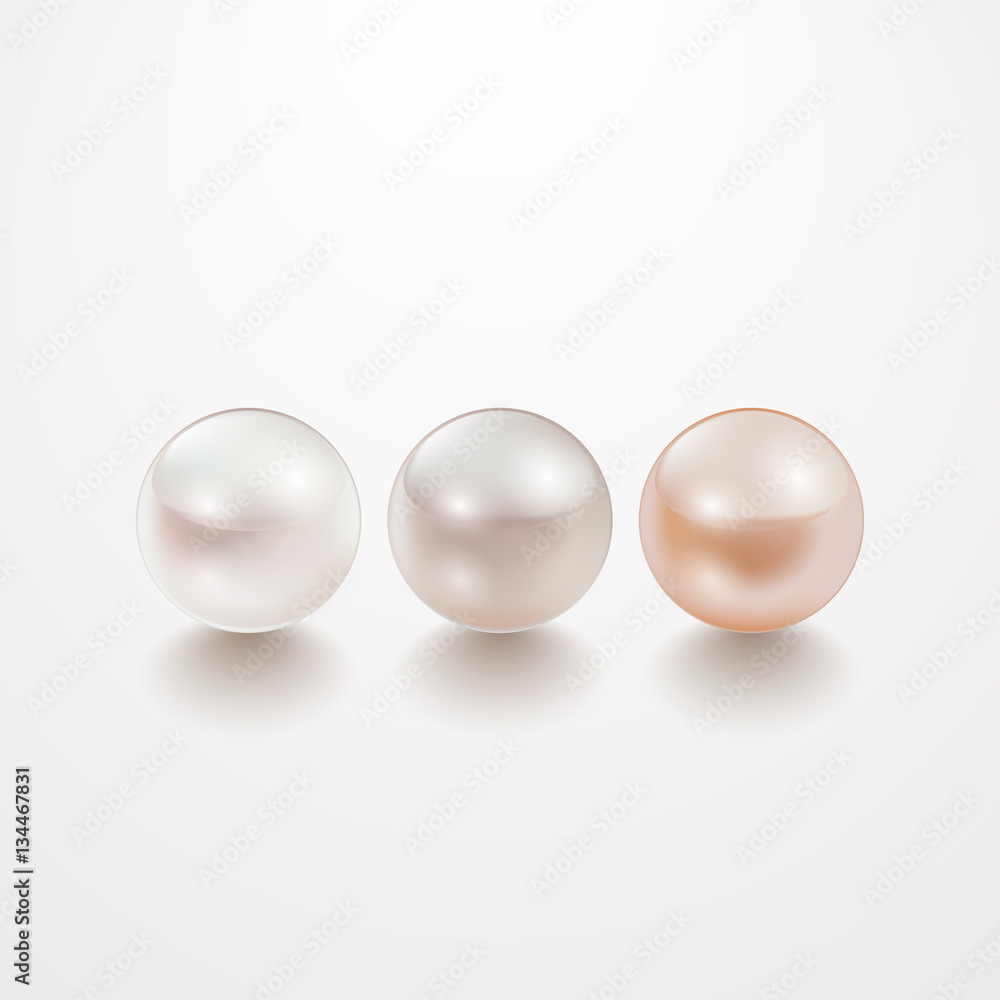 Realistic vector white pearls set, isolated on white