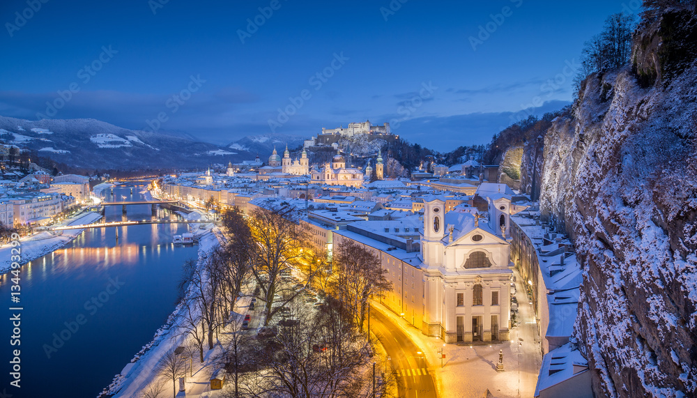 Classic view of Salzburg at Christmas time in winter, Austria