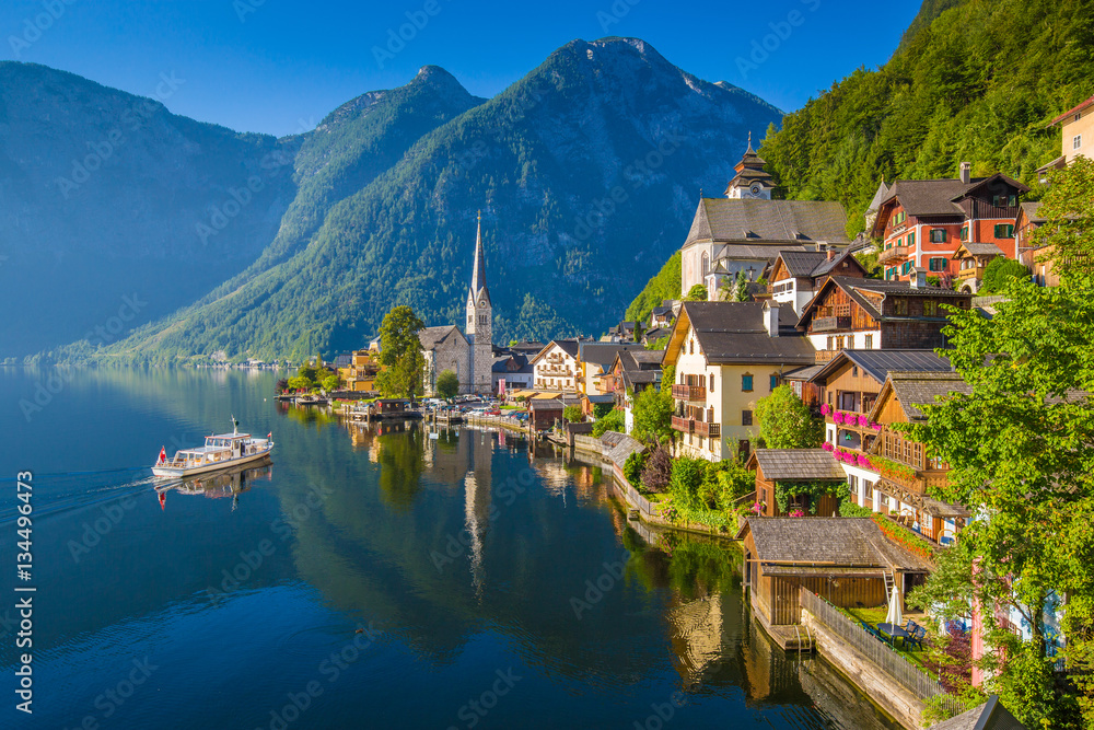 Postcard view of Hallstatt in summer, Salzkammergut, Austria