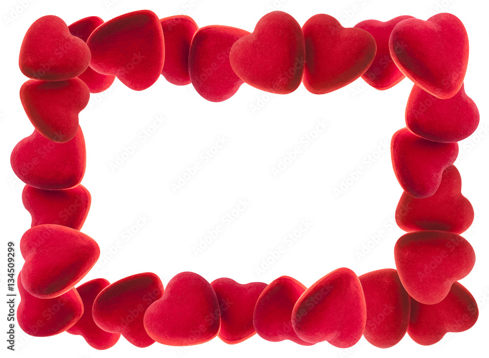 Frame of red hearts isolated on white background