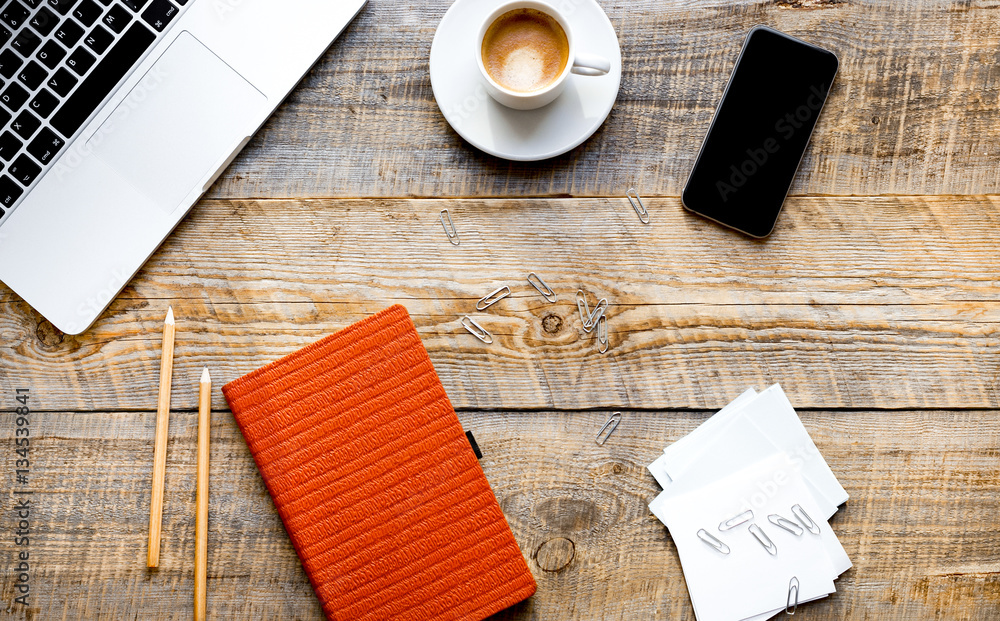 Working place at home on wooden table