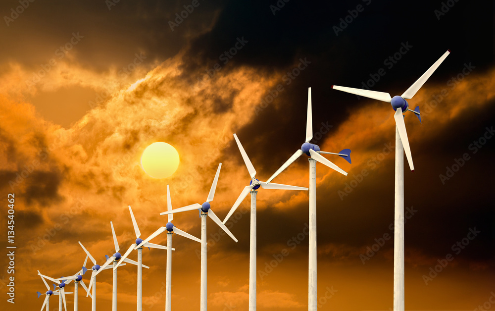 Wind Turbine for alternative energy on background of sky sunset. Eco power