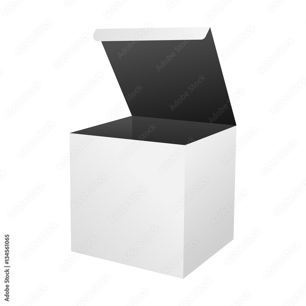 White square box with cover. White-black open box with lid. Mockup for design and text. Vector illus