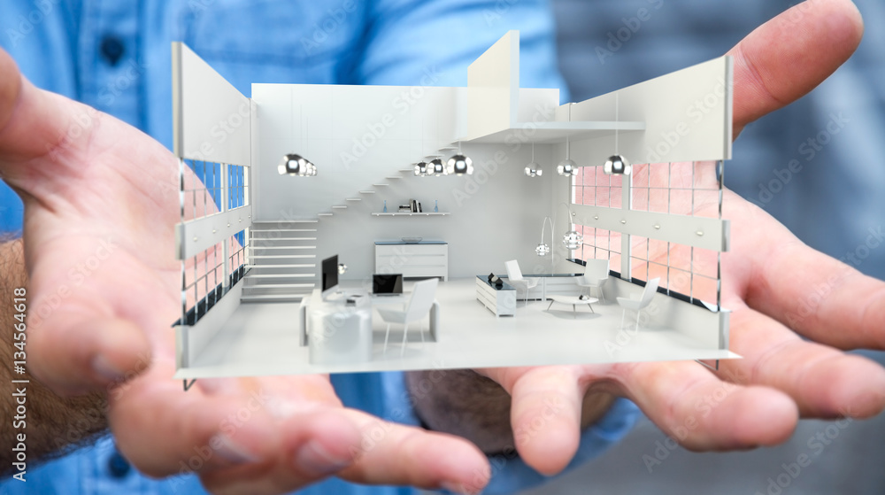 Businessman holding white 3D rendering apartment in his hand