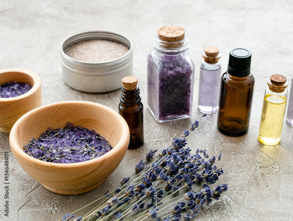 organic cosmetics with lavender on wooden background