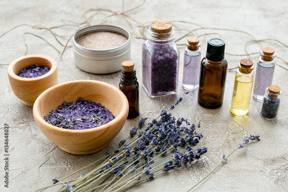 organic cosmetics with lavender on wooden background