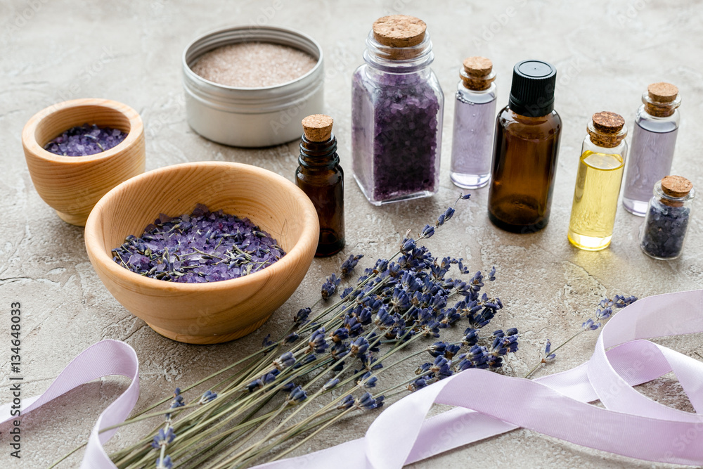 organic cosmetics with lavender on wooden background