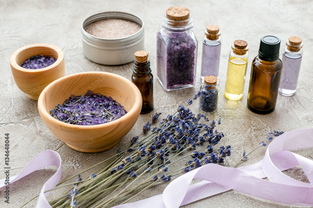 organic cosmetics with lavender on wooden background