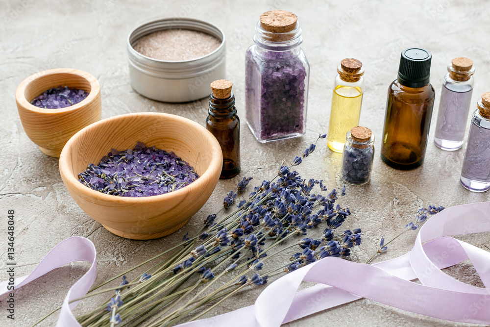 organic cosmetics with lavender on wooden background