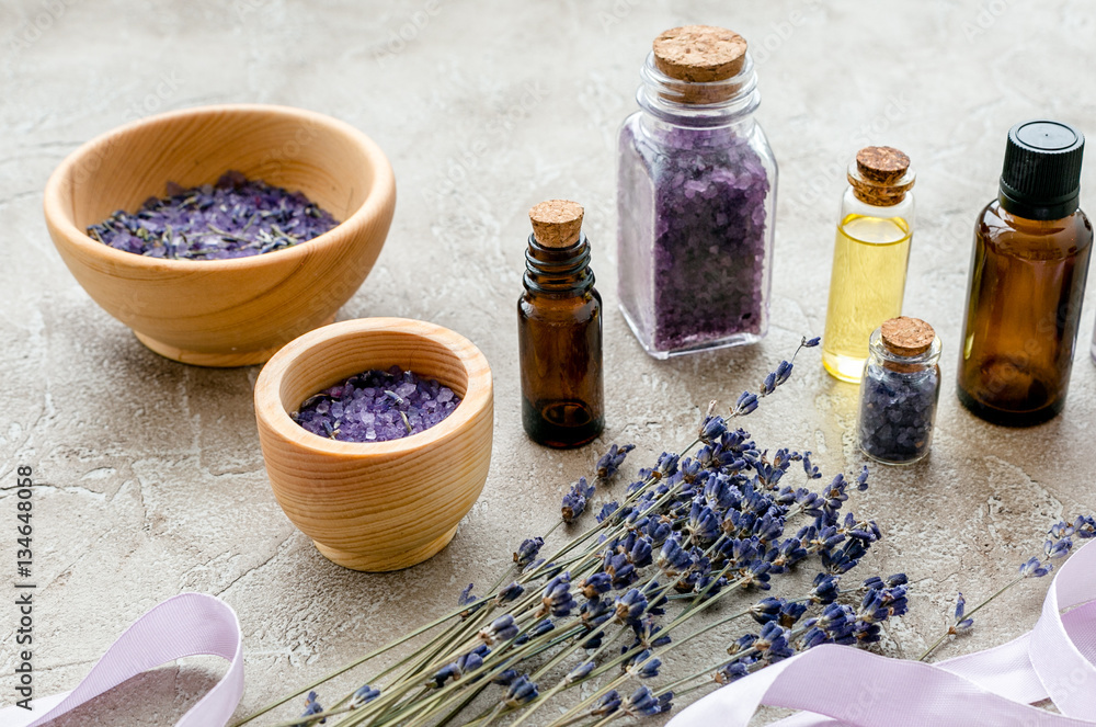 organic cosmetics with lavender on wooden background