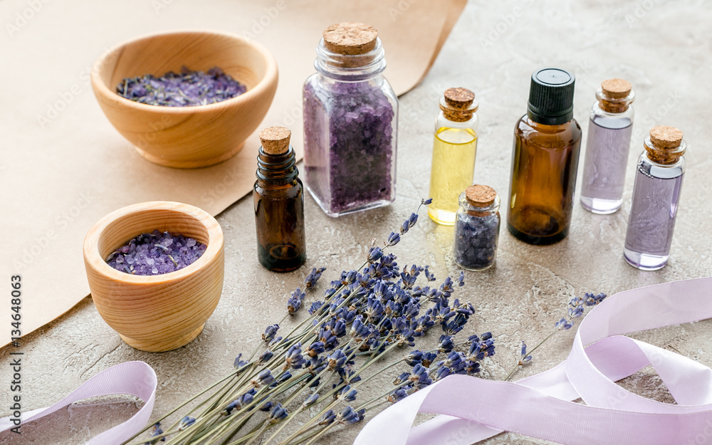 organic cosmetics with lavender on wooden background