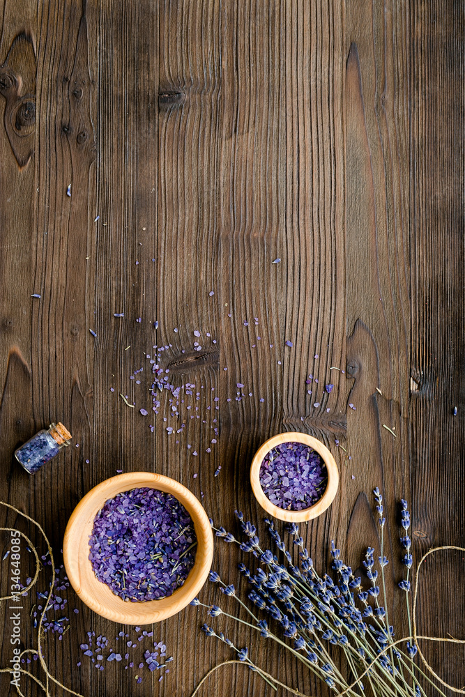 organic cosmetics with lavender on wooden background top view