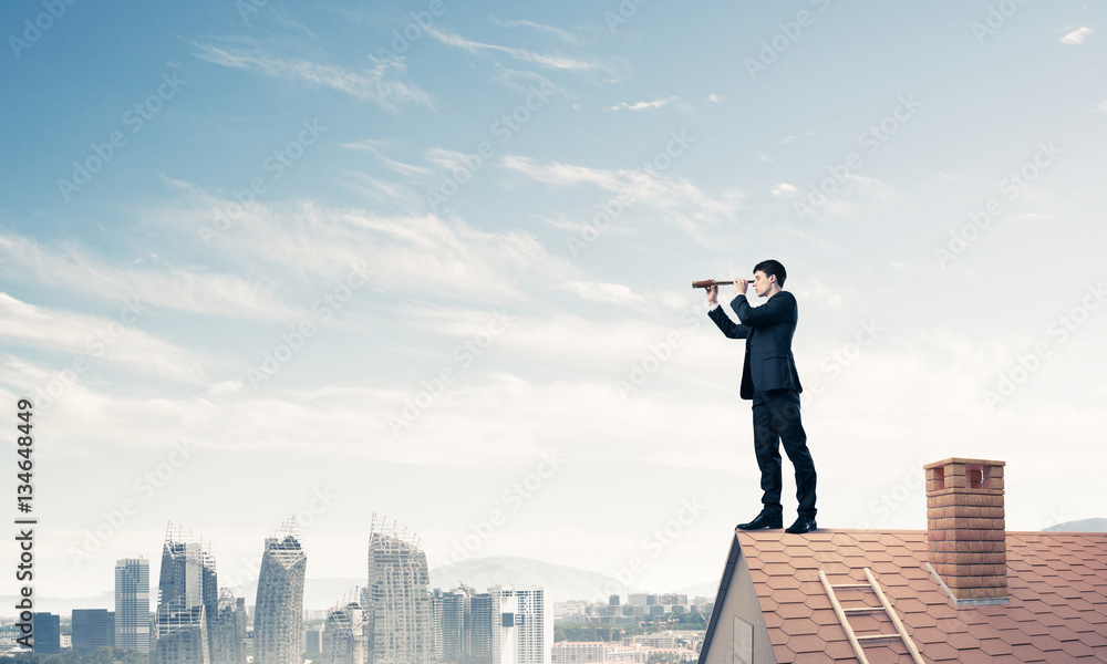 Mister boss on brick roof in search of something new. Mixed medi