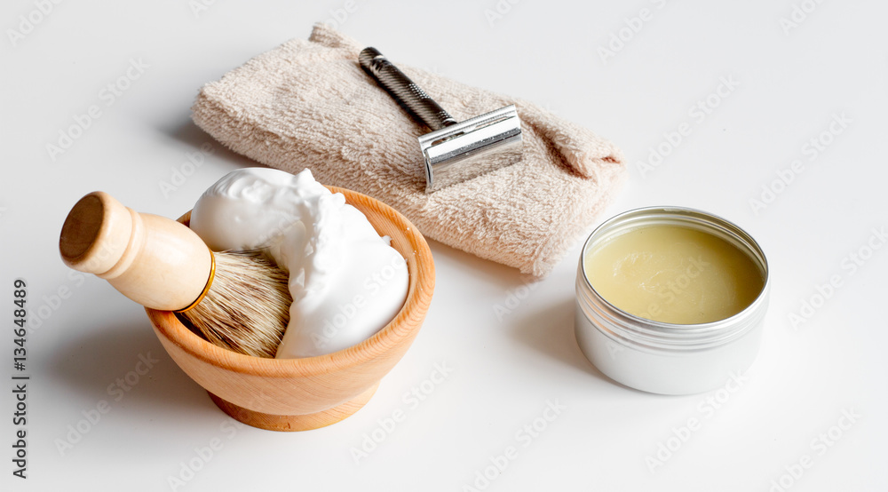 white desktop with tools for shaving beards