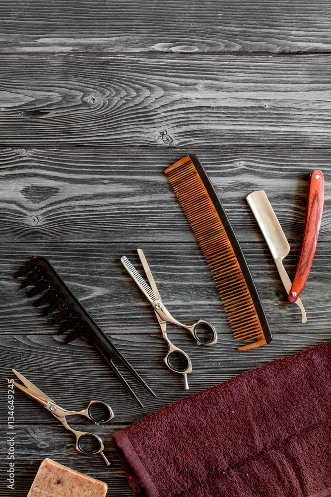 Tools for cutting beard barbershop top view on wooden background