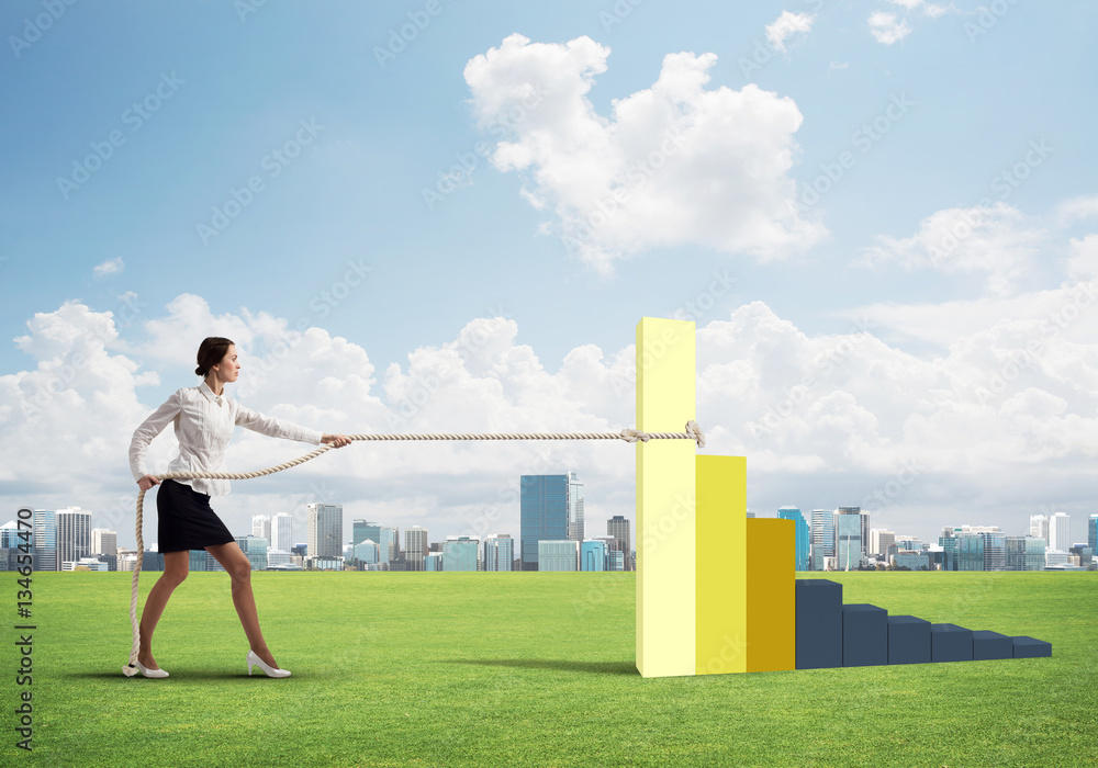 Businesswoman pulling arrow with rope and making it raise up