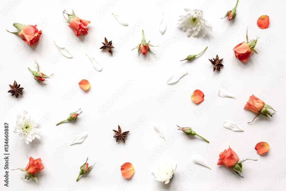 pattern of flowers on white background top view mock up