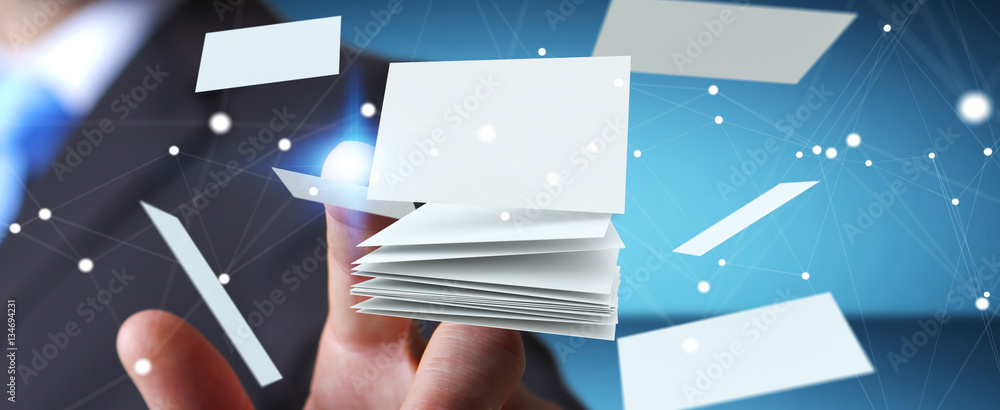 Businessman touching floating business card 3D rendering