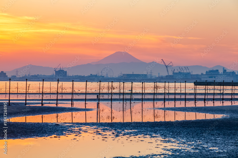 Tokyo bay and Mountain Fuji at beautiful twilight