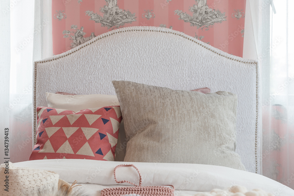 pink color tone bedroom with classic bed style