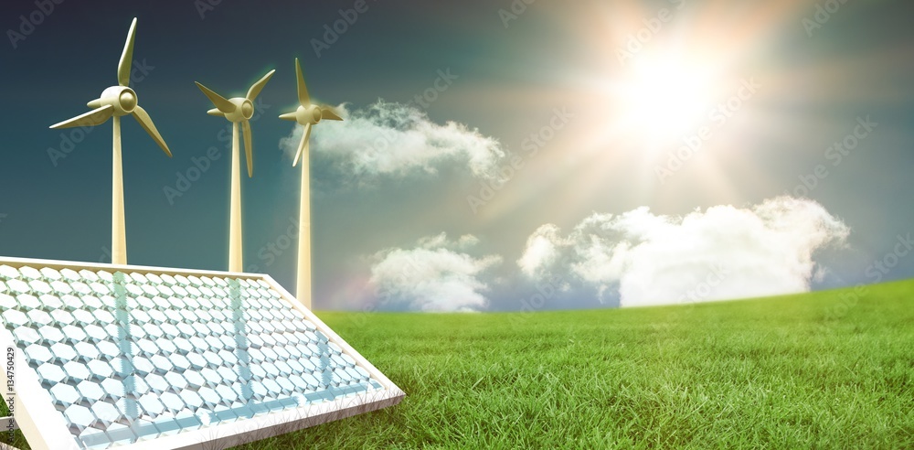 Composite image of solar panel with hexagon shape glasses 3d