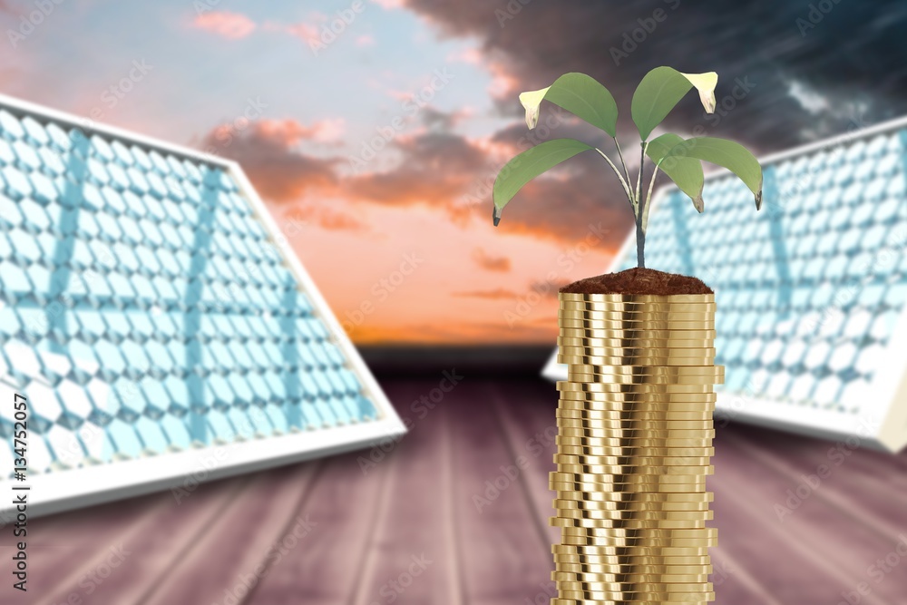 Composite image of stack of gold coins and plant in soil 3d