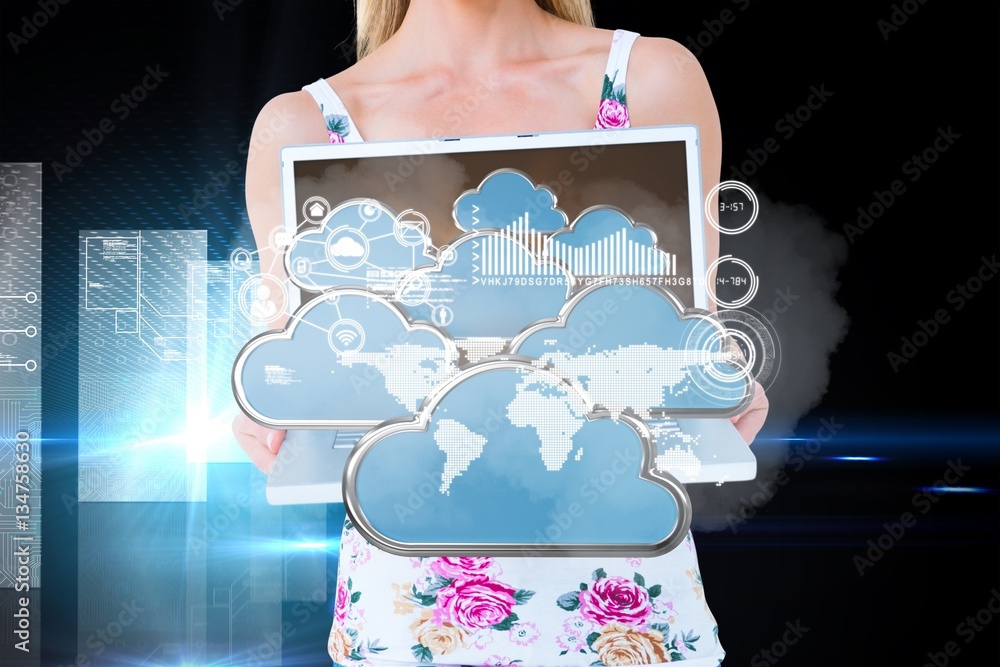 Composite image of smiling blonde presenting her laptop 