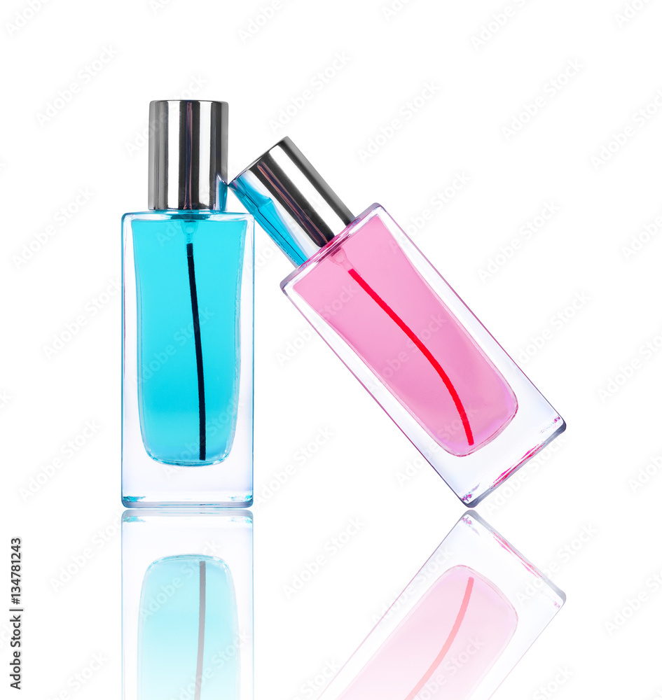 Two perfume bottles with reflections isolated on white backgroun