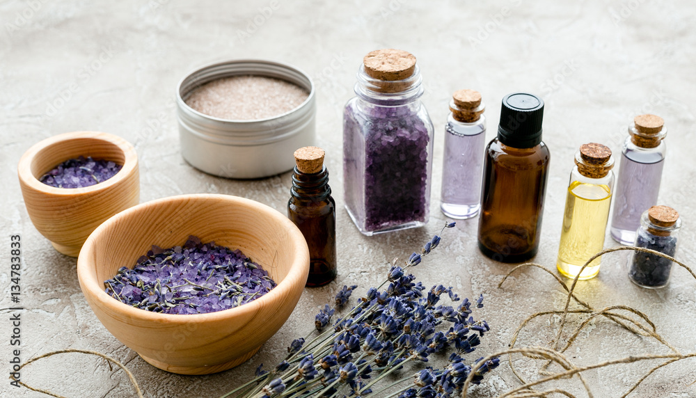 organic cosmetics with lavender on wooden background