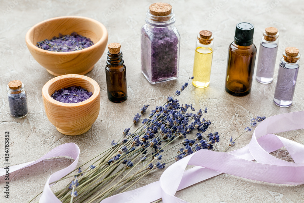 organic cosmetics with lavender on wooden background