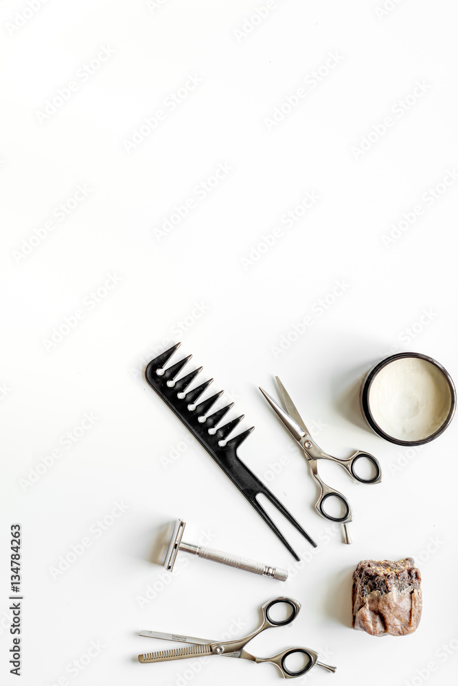 Mens hairdressing desktop with tools for shaving top view