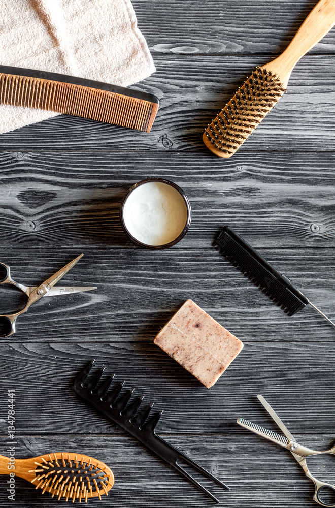 Tools for cutting beard barbershop top view on wooden background