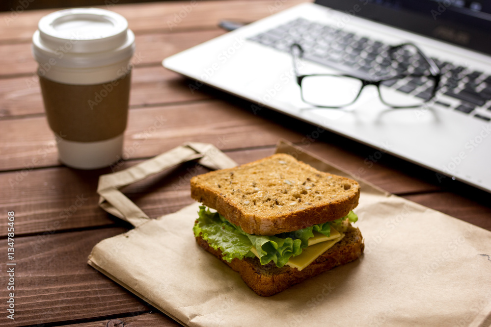 concept of lunch in officeat work top view