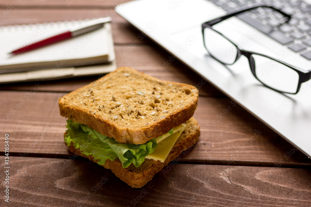 concept of lunch in officeat work top view