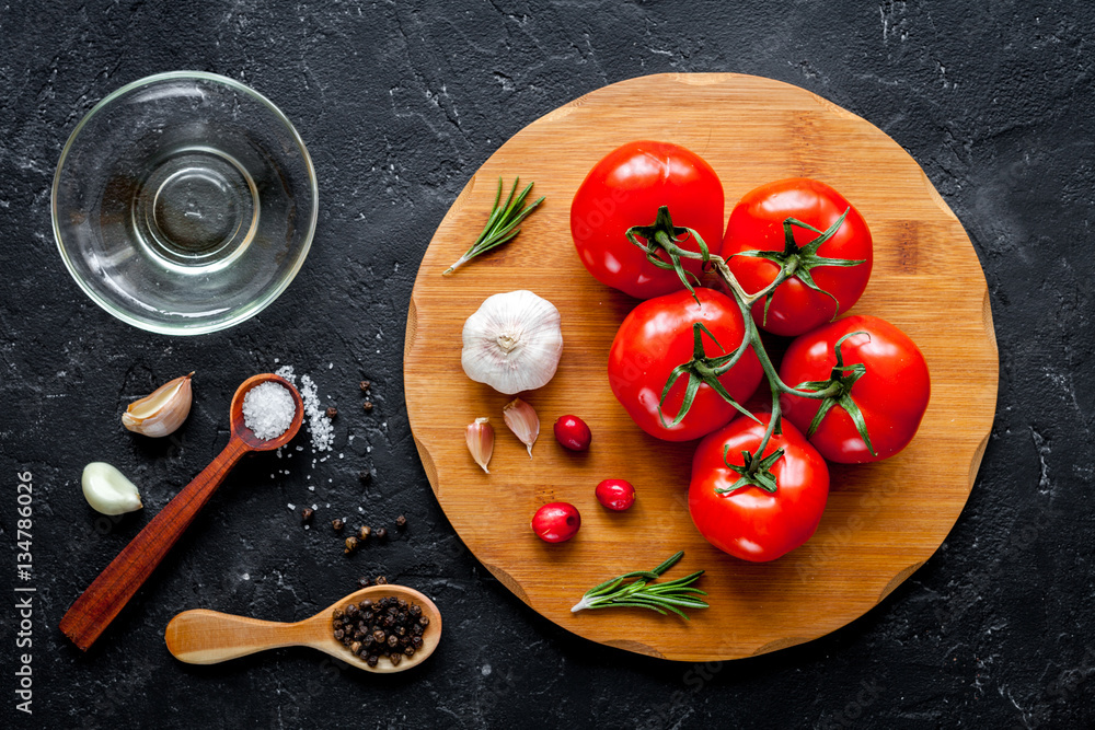 concept composing recipe on dark background top view