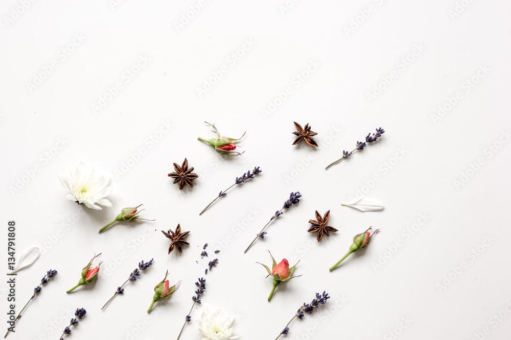 pattern of flowers on white background top view mock up