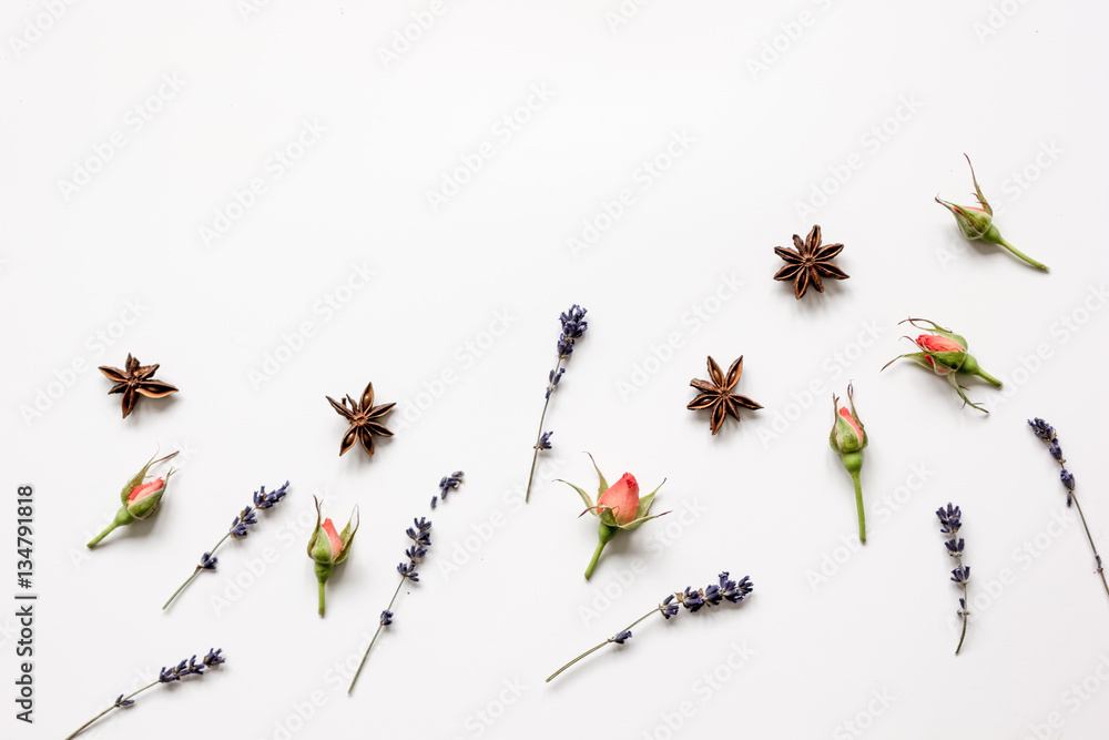 pattern of flowers on white background top view mock up