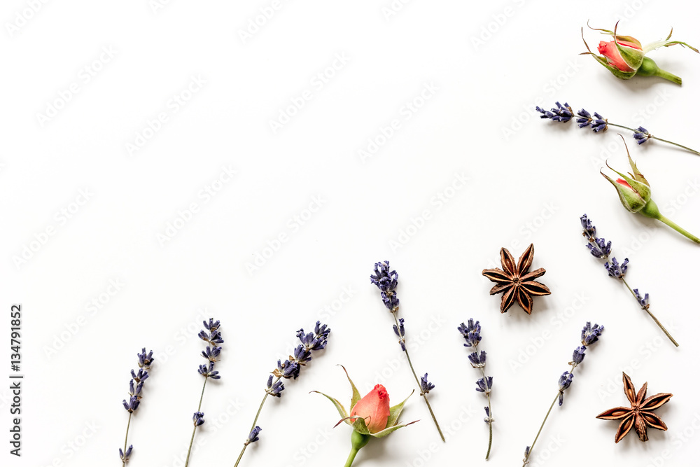 pattern of flowers on white background top view mock up