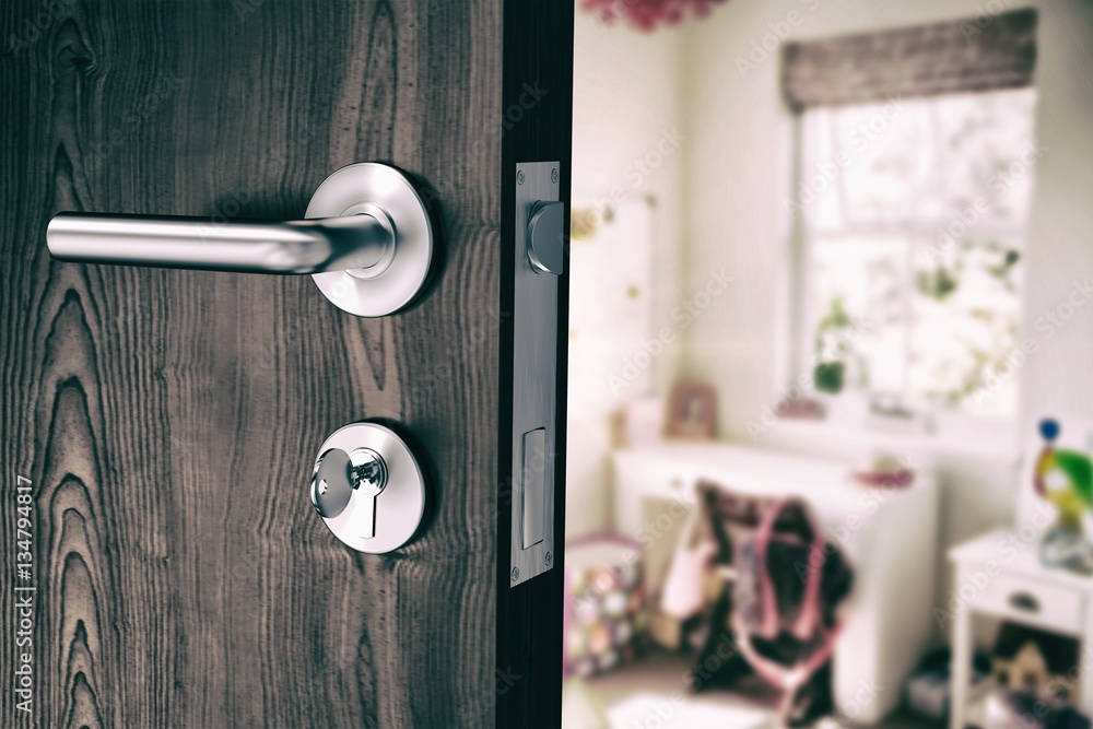 Composite image of brown door with metal doorknob and lock