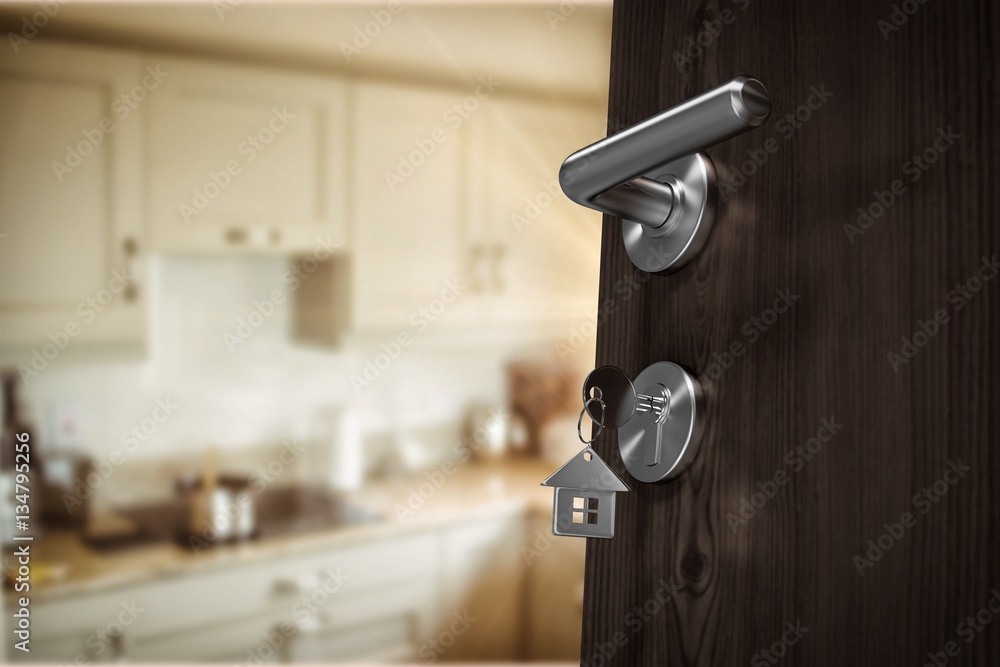 Composite image of low angle view of brown door with house key